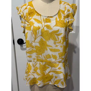 Women's Cabi Yellow White Floral Ruffle Sleeve Peplum Blouse w/ camisole M